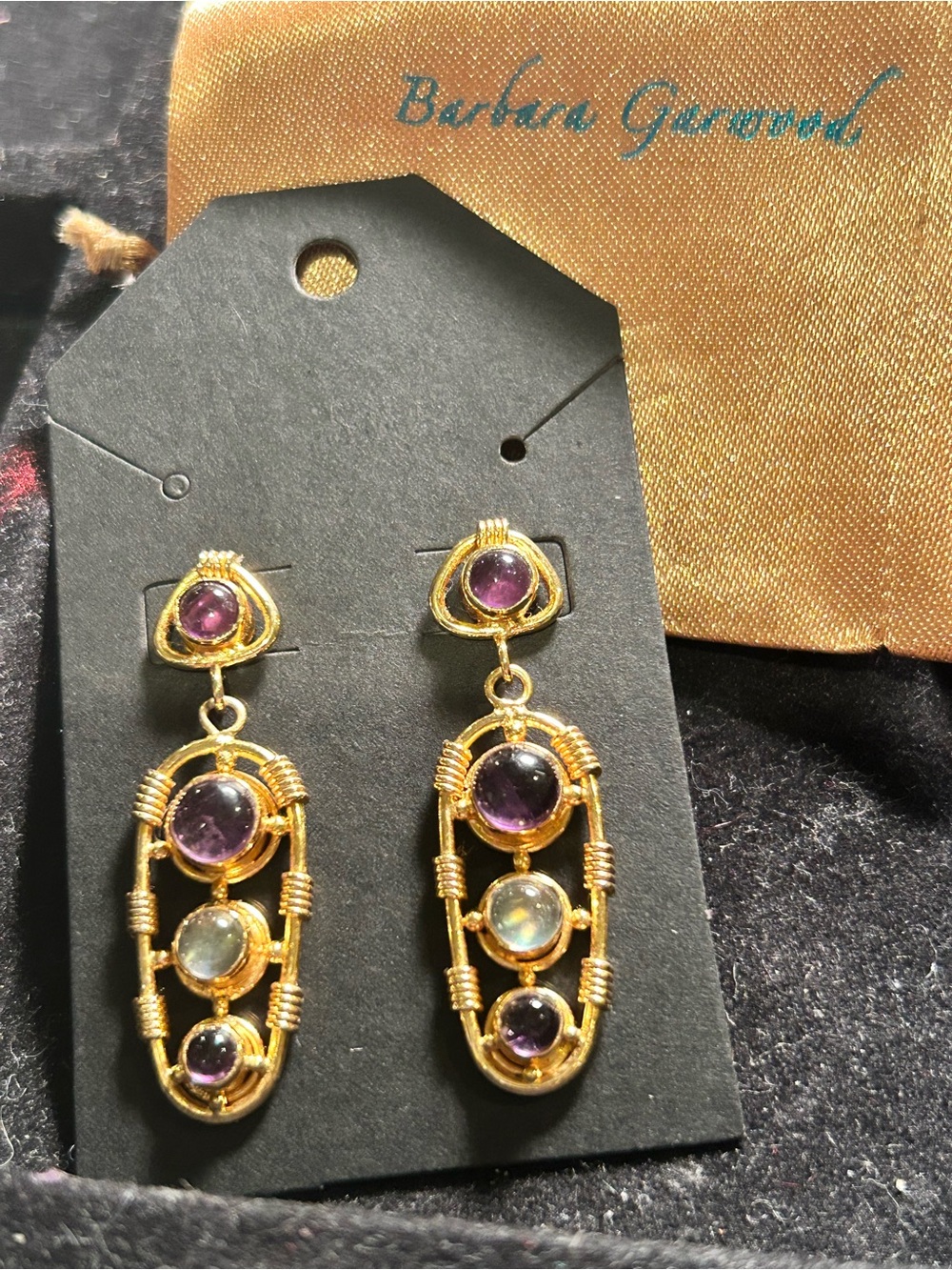 Barbara Garwood Gold Tone Cabochon Gem Stones Drop Earrings Collectable RARE